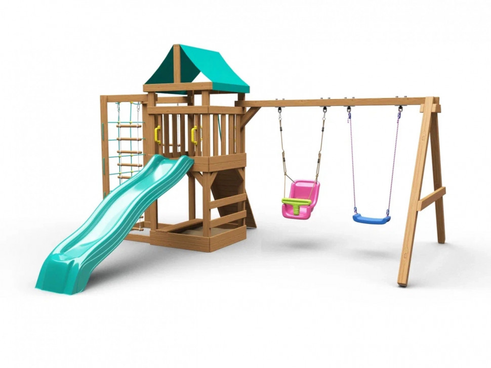 Детская площадка KD1-1 с зеленой горкой и крышей, 1 качели лодочка + 1 качели кубельковые